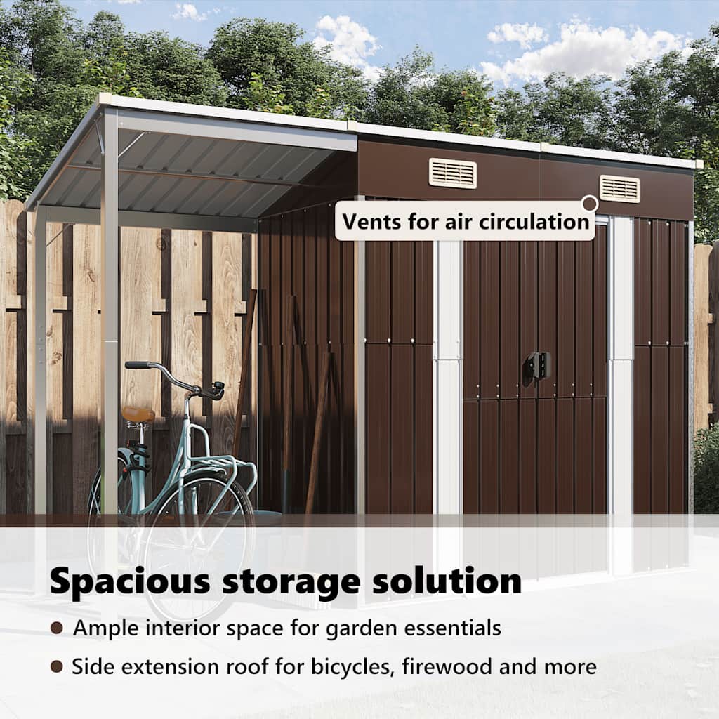 Garden Shed with Extended Roof Brown 277x107x181 cm Steel