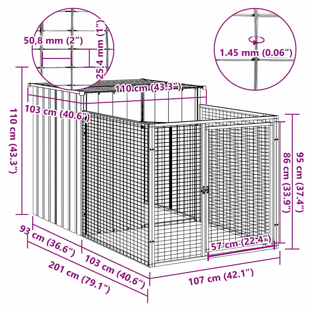 Dog House with Run Light Grey 110x201x110 cm Galvanised Steel
