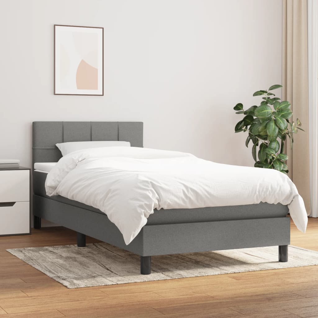 Box Spring Bed with Mattress Dark Grey King Single Size Fabric