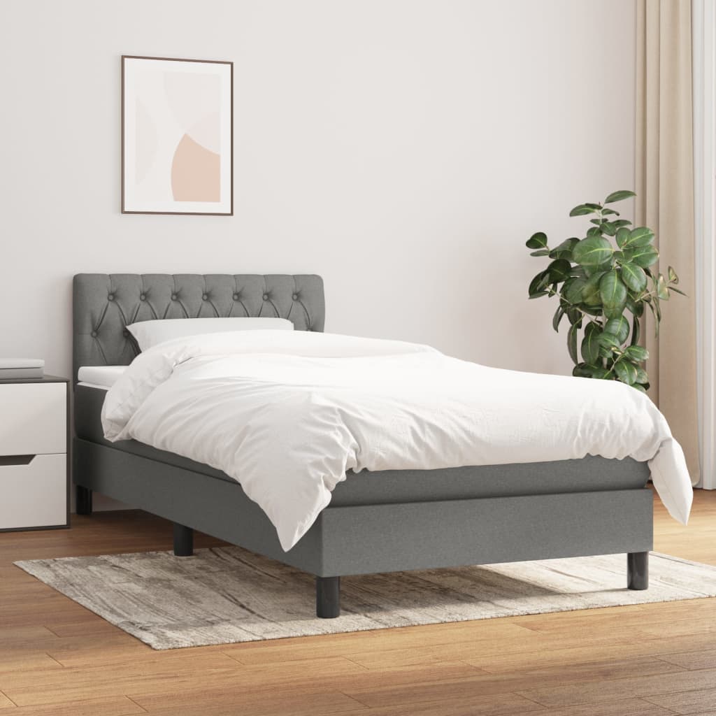 Box Spring Bed with Mattress Dark Grey King Single Size Fabric