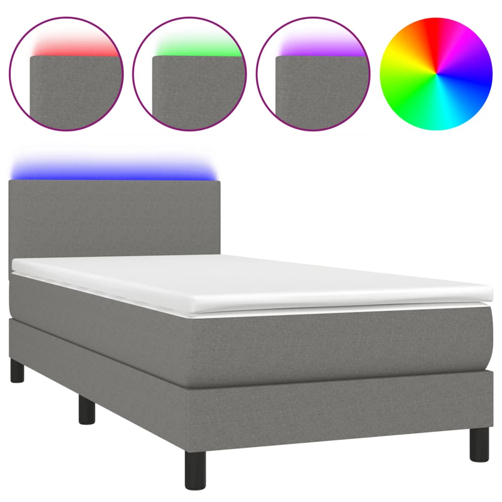 Box Spring Bed with Mattress&LED Dark Grey King Single Size