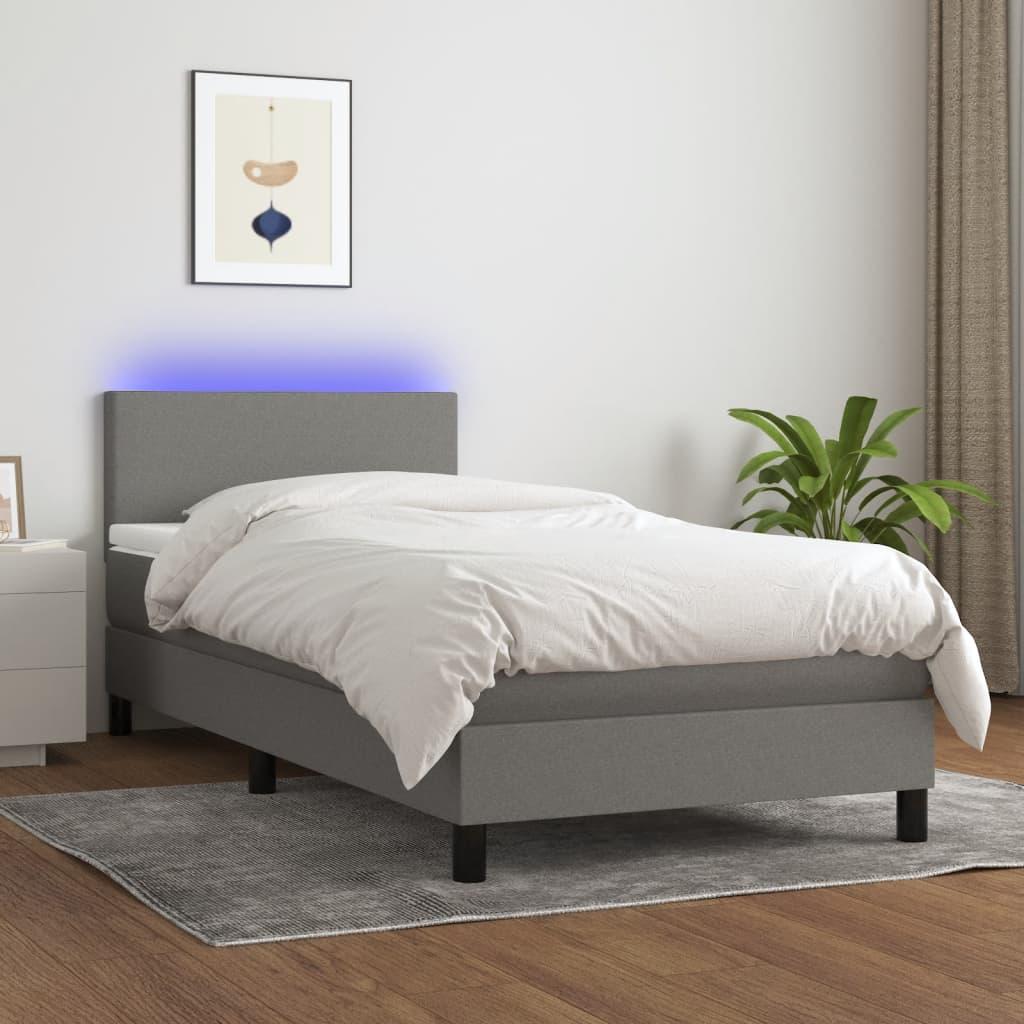 Box Spring Bed with Mattress&LED Dark Grey King Single Size