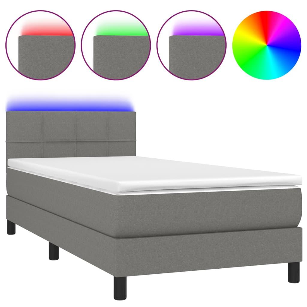 Box Spring Bed with Mattress&LED Dark Grey King Single Size