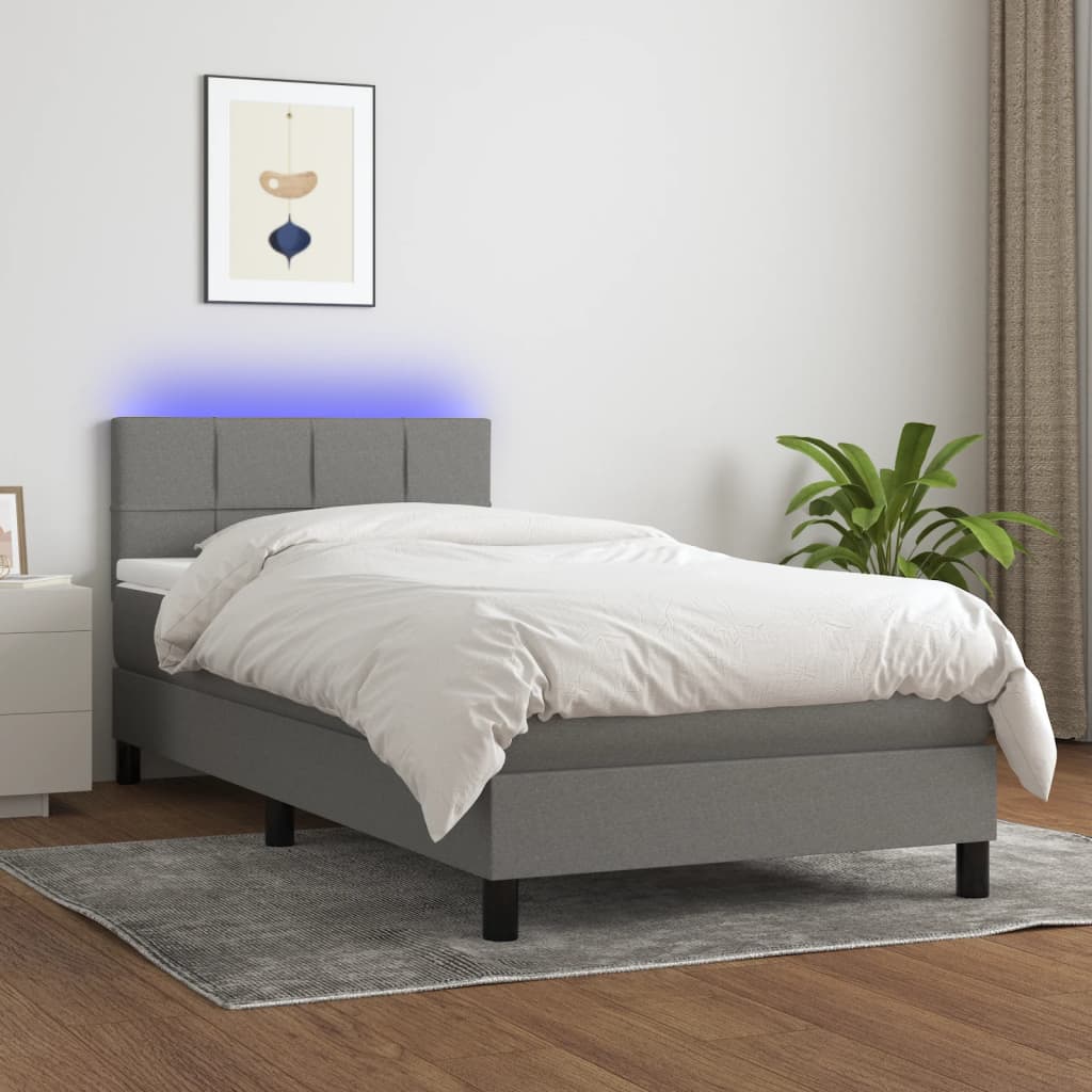 Box Spring Bed with Mattress&LED Dark Grey King Single Size