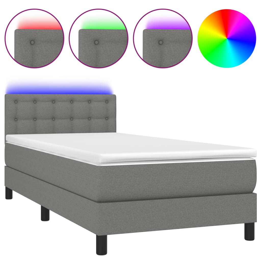 Box Spring Bed with Mattress&LED Dark Grey King Single Size