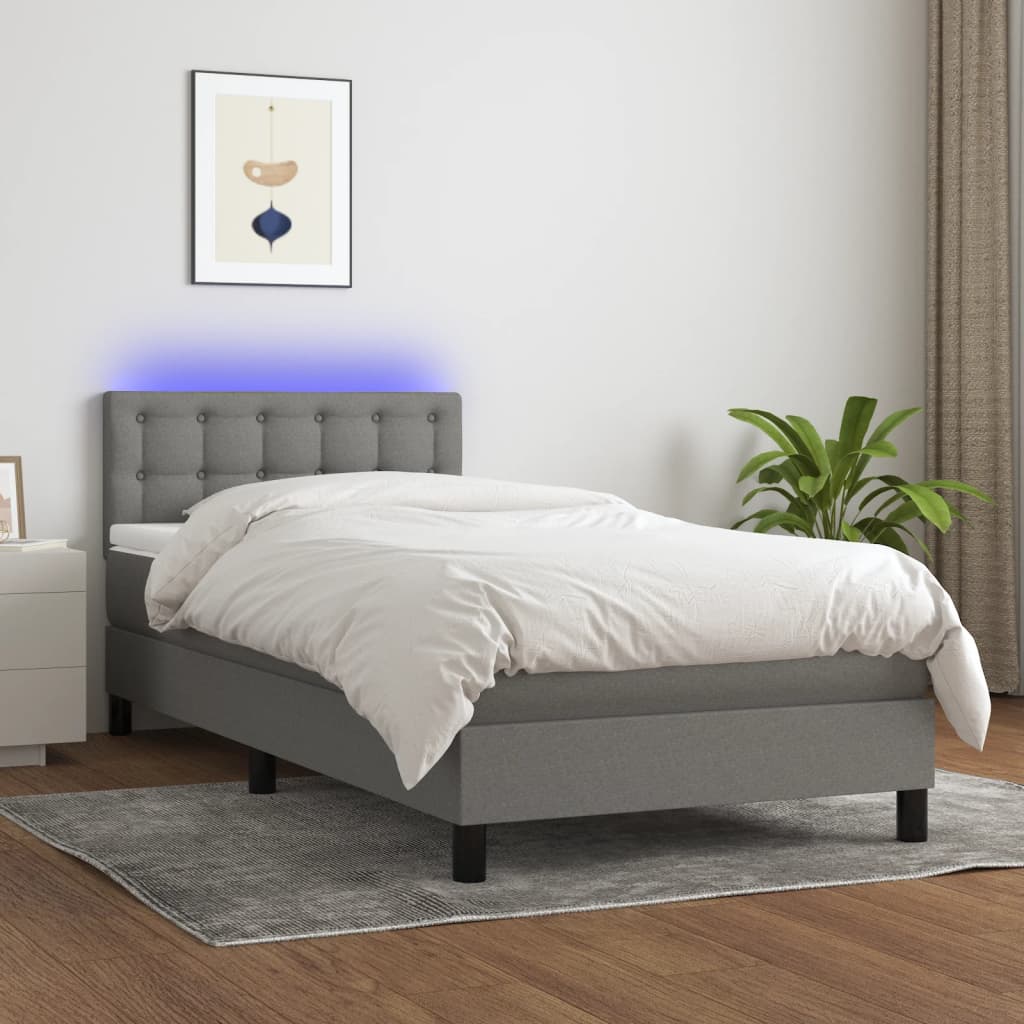 Box Spring Bed with Mattress&LED Dark Grey King Single Size