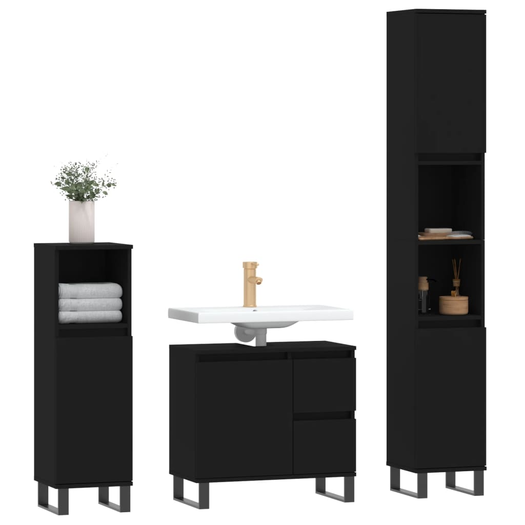3 Piece Bathroom Furniture Set Black Engineered Wood