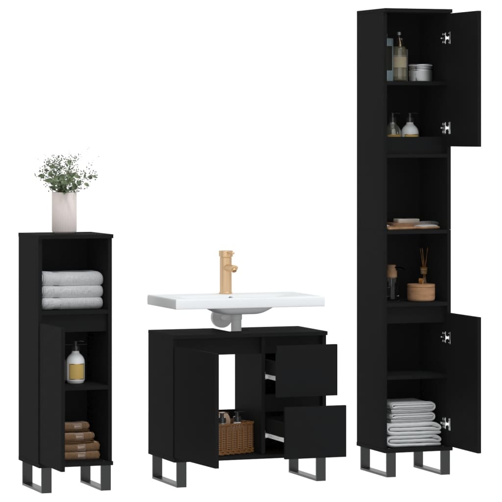 3 Piece Bathroom Furniture Set Black Engineered Wood