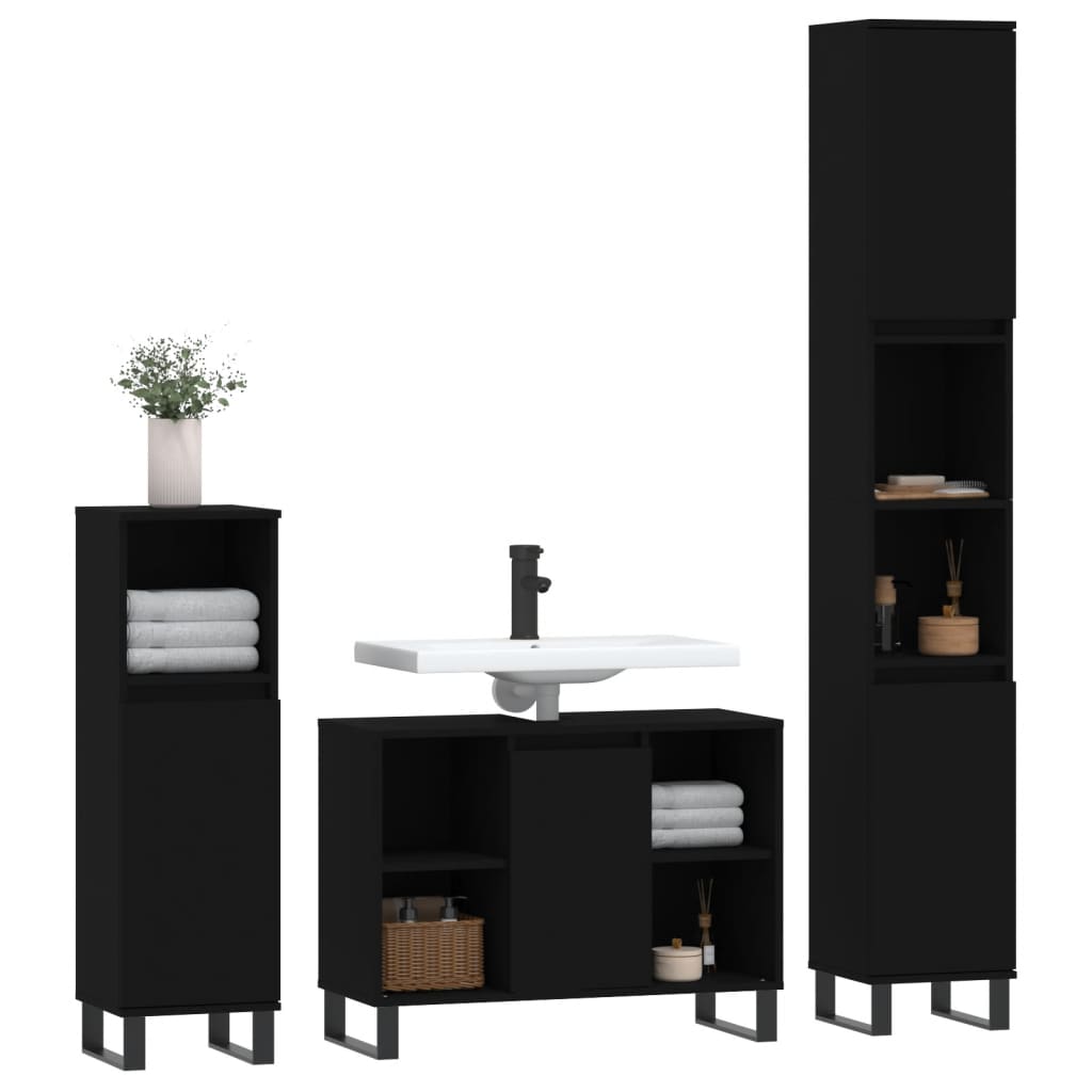 3 Piece Bathroom Furniture Set Black Engineered Wood