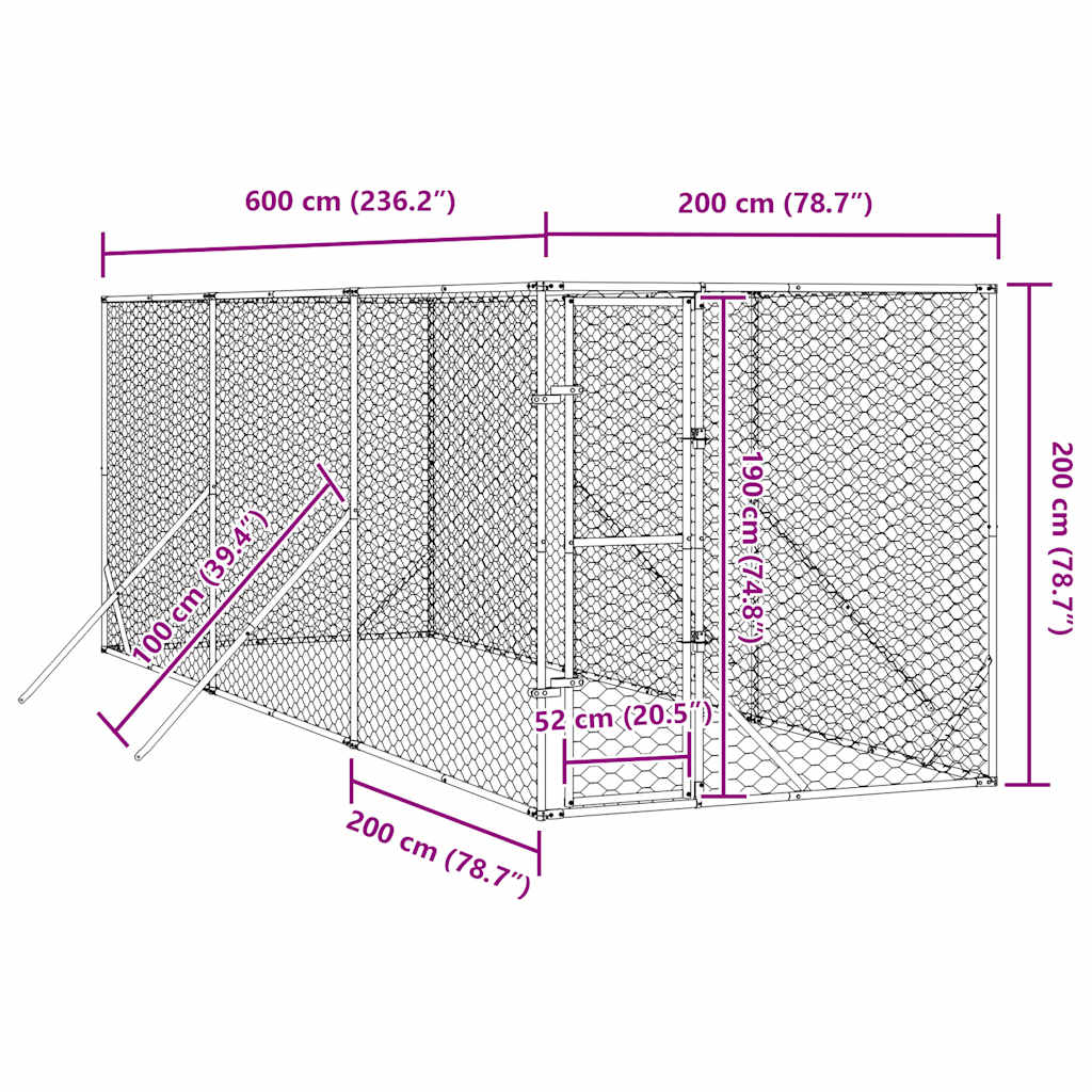 Outdoor Dog Kennel Silver 2x6x2 m Galvanised Steel