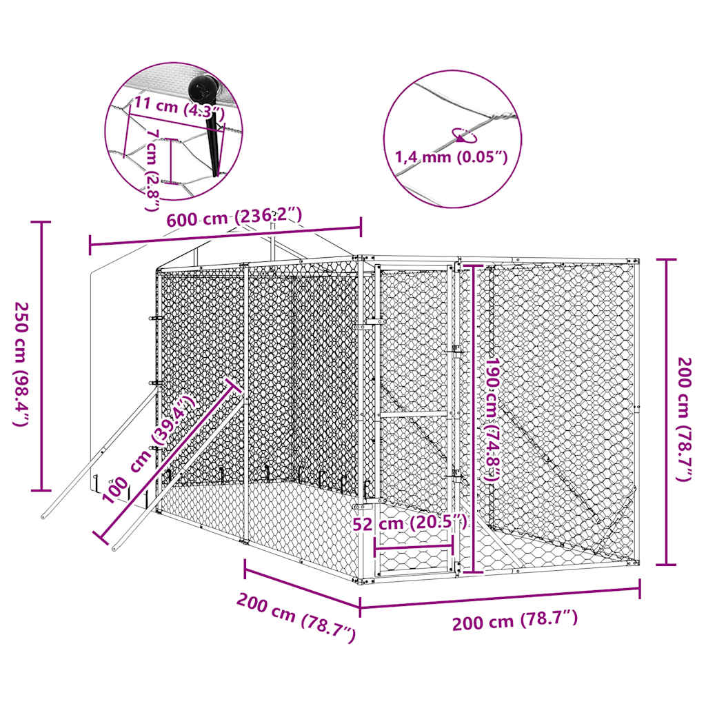 Outdoor Dog Kennel with Roof Silver 2x6x2.5 m Galvanised Steel