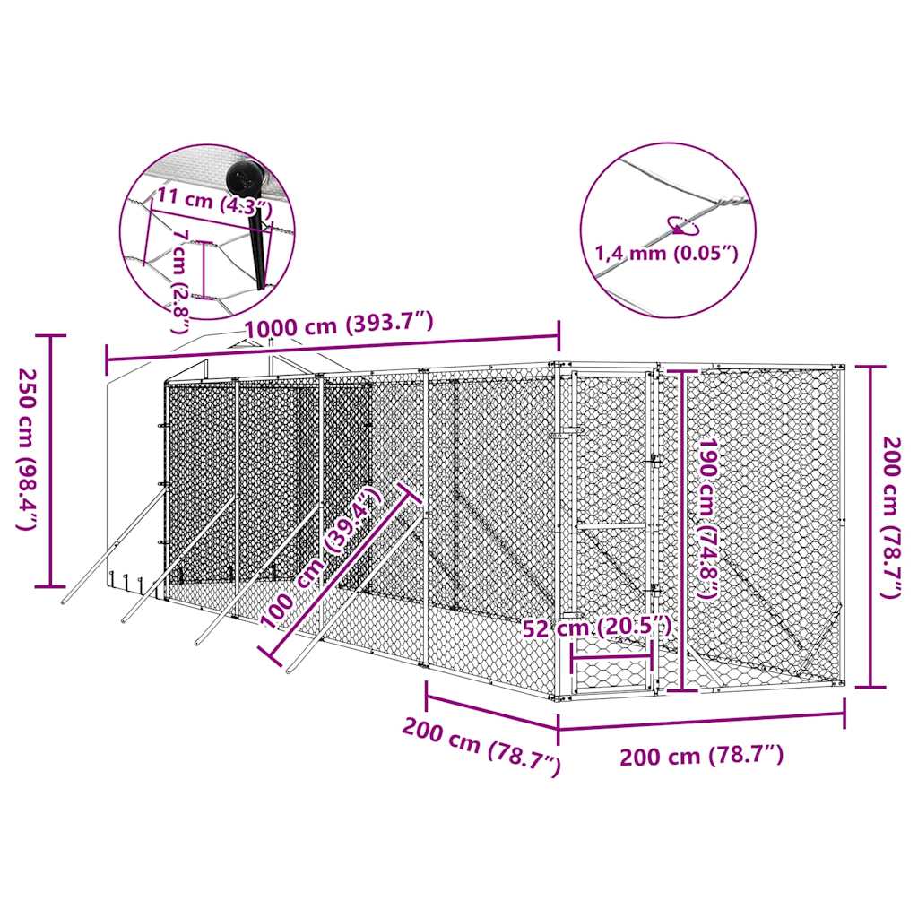 Outdoor Dog Kennel with Roof Silver 2x10x2.5 m Galvanised Steel