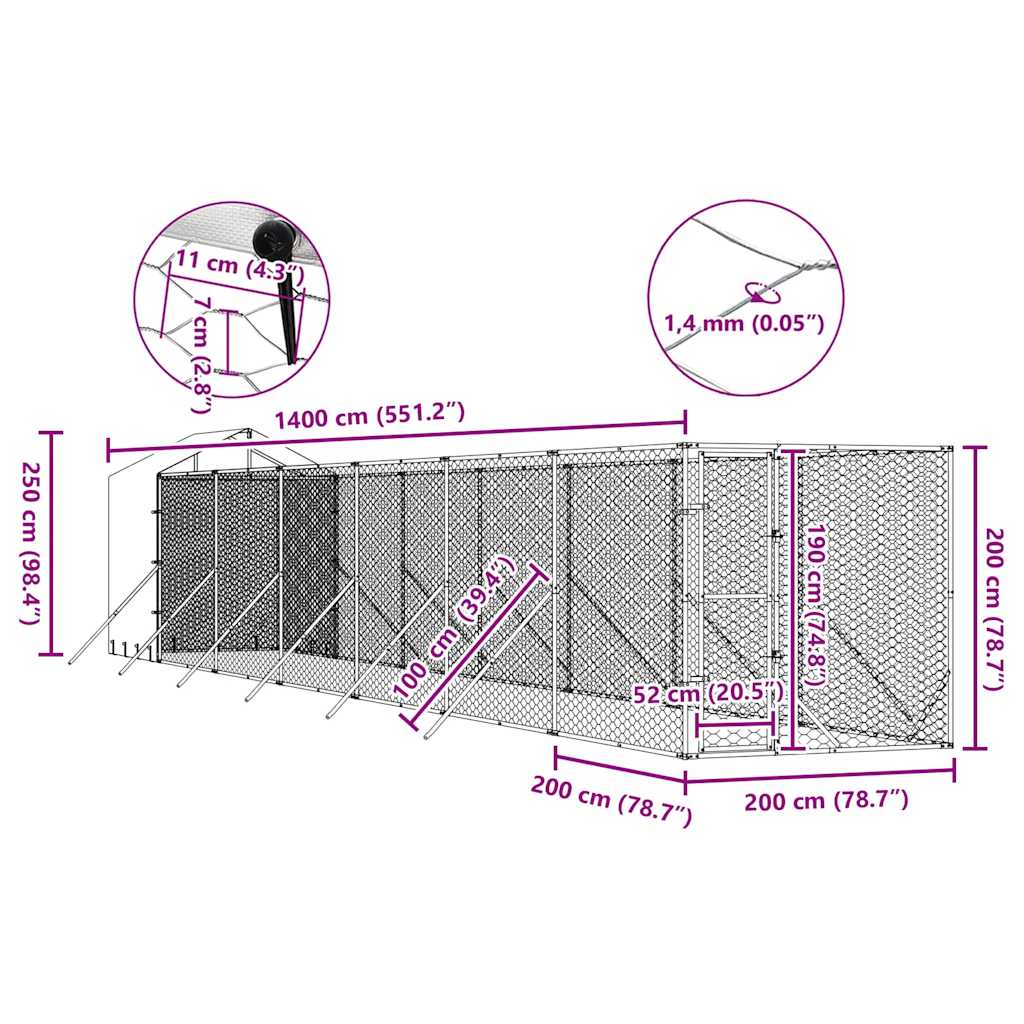 Outdoor Dog Kennel with Roof Silver 2x14x2.5 m Galvanised Steel