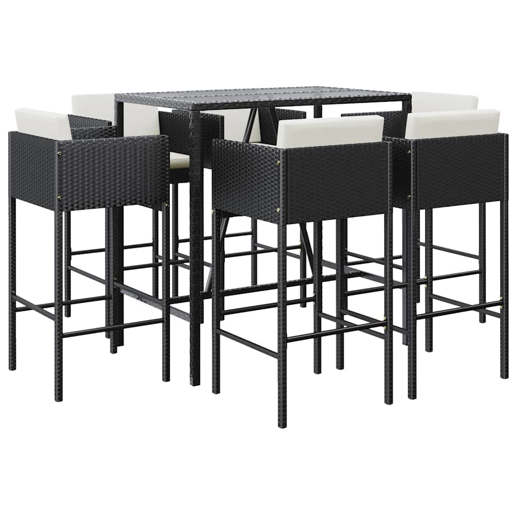 7 Piece Garden Bar Set with Cushions Black Poly Rattan