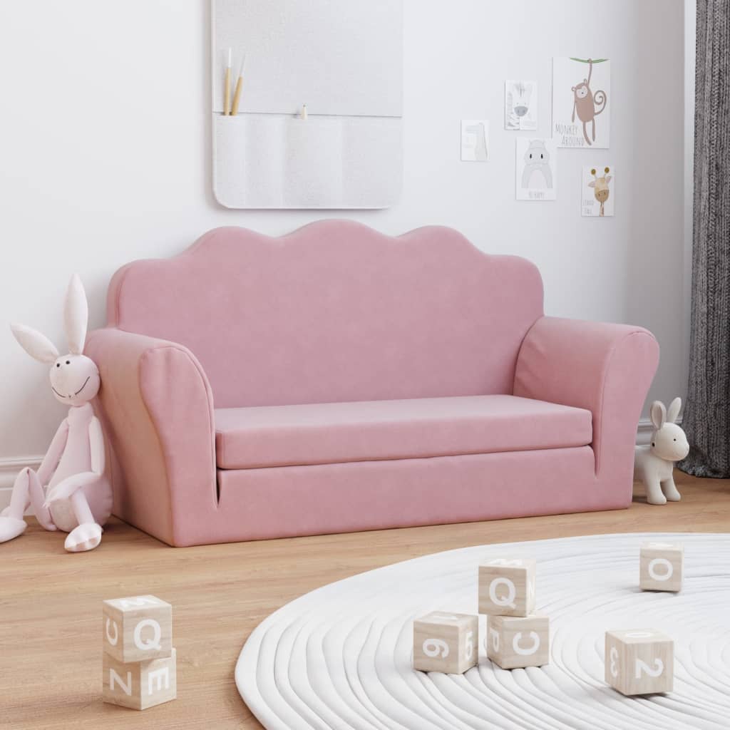 Kids'Sofa Bed 2-Seater Pink Soft Plush