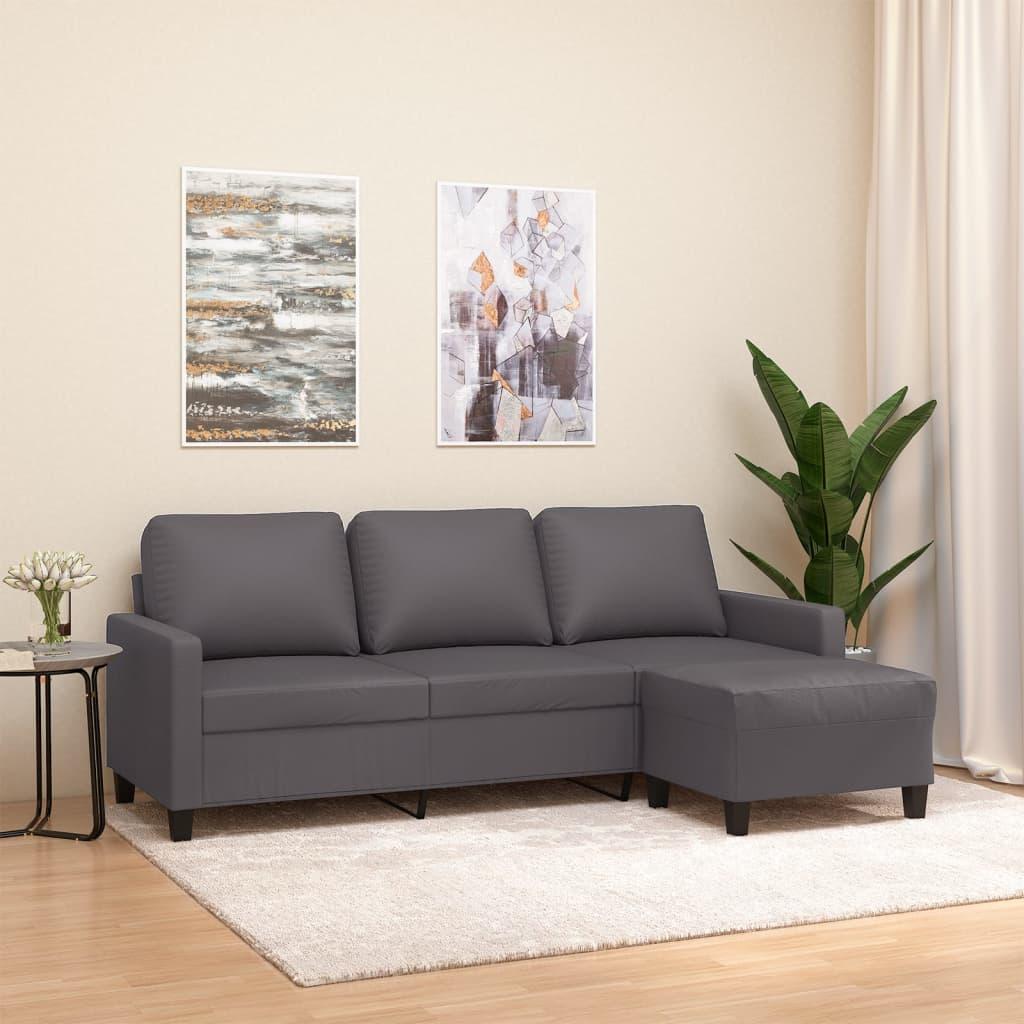 3-Seater Sofa with Footstool Grey 180 cm Faux Leather
