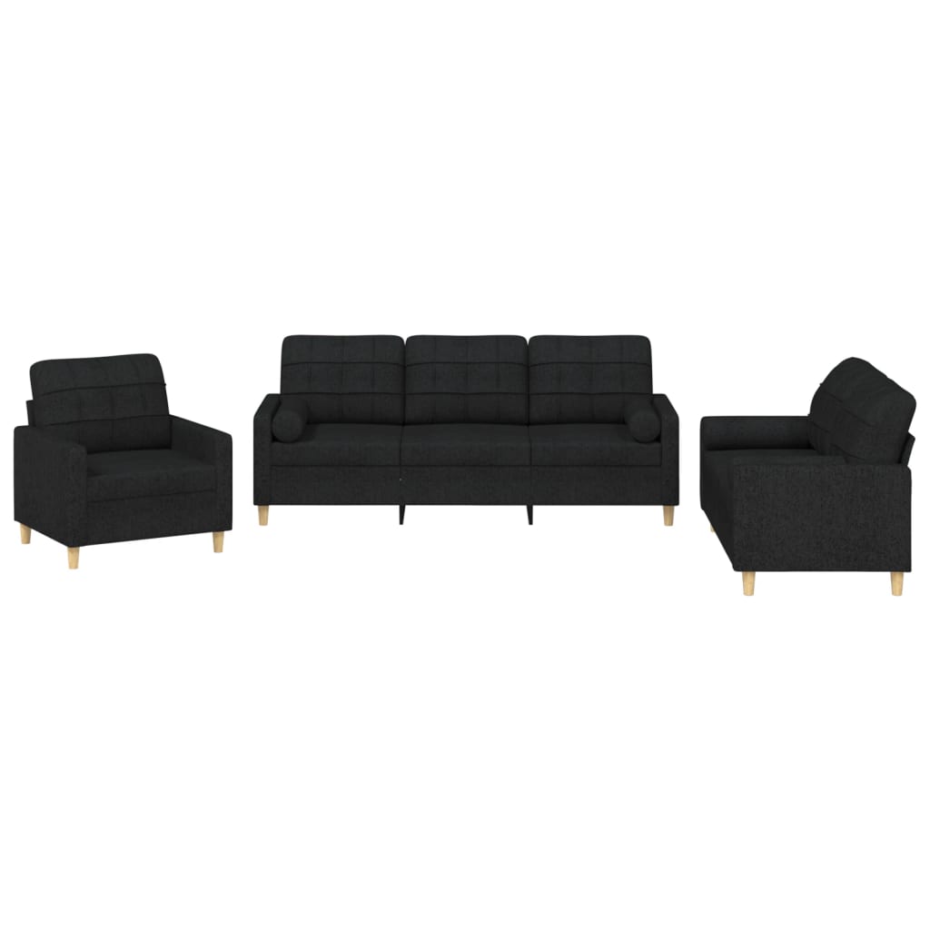 3 Piece Sofa Set with Pillows Black Fabric