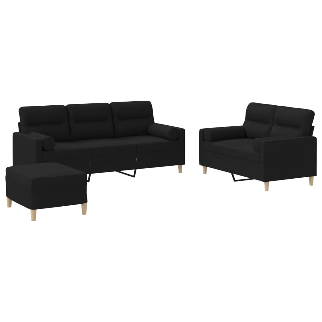 3 Piece Sofa Set with Pillows Black Fabric
