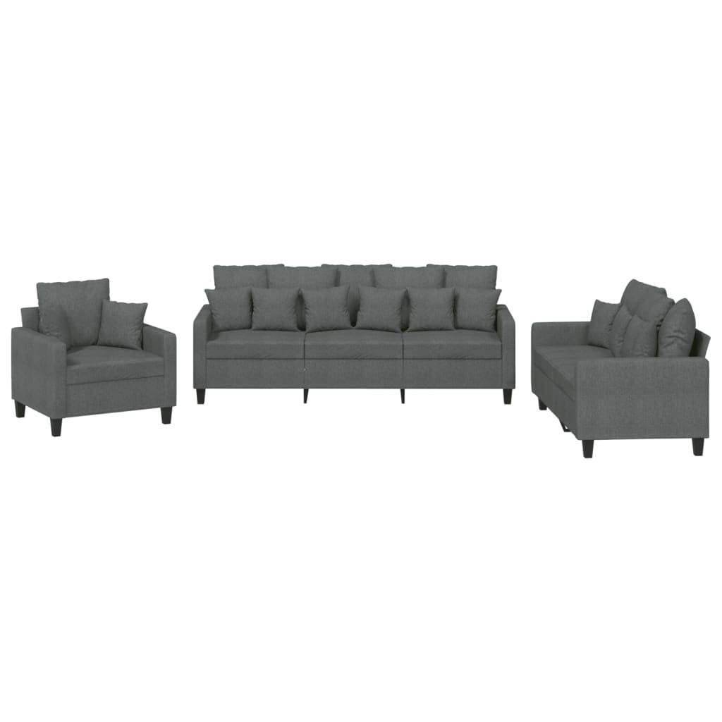 3 Piece Sofa Set with Pillows Dark Grey Fabric
