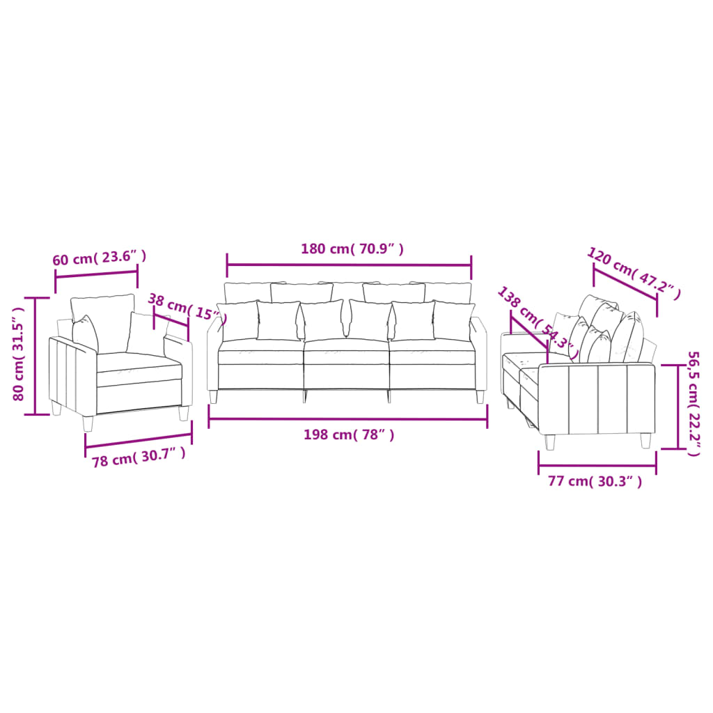 3 Piece Sofa Set with Pillows Black Fabric