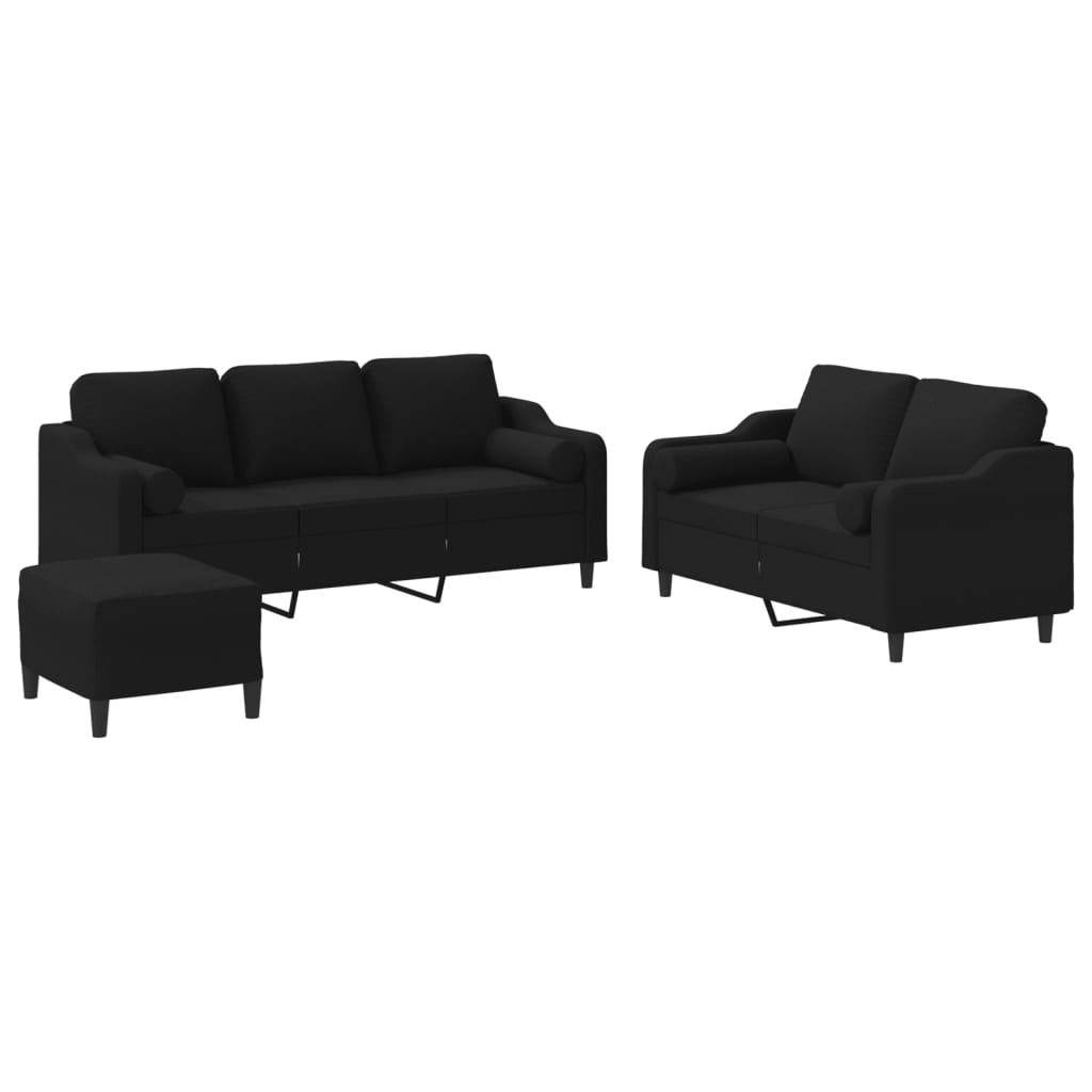 3 Piece Sofa Set with Pillows Black Fabric