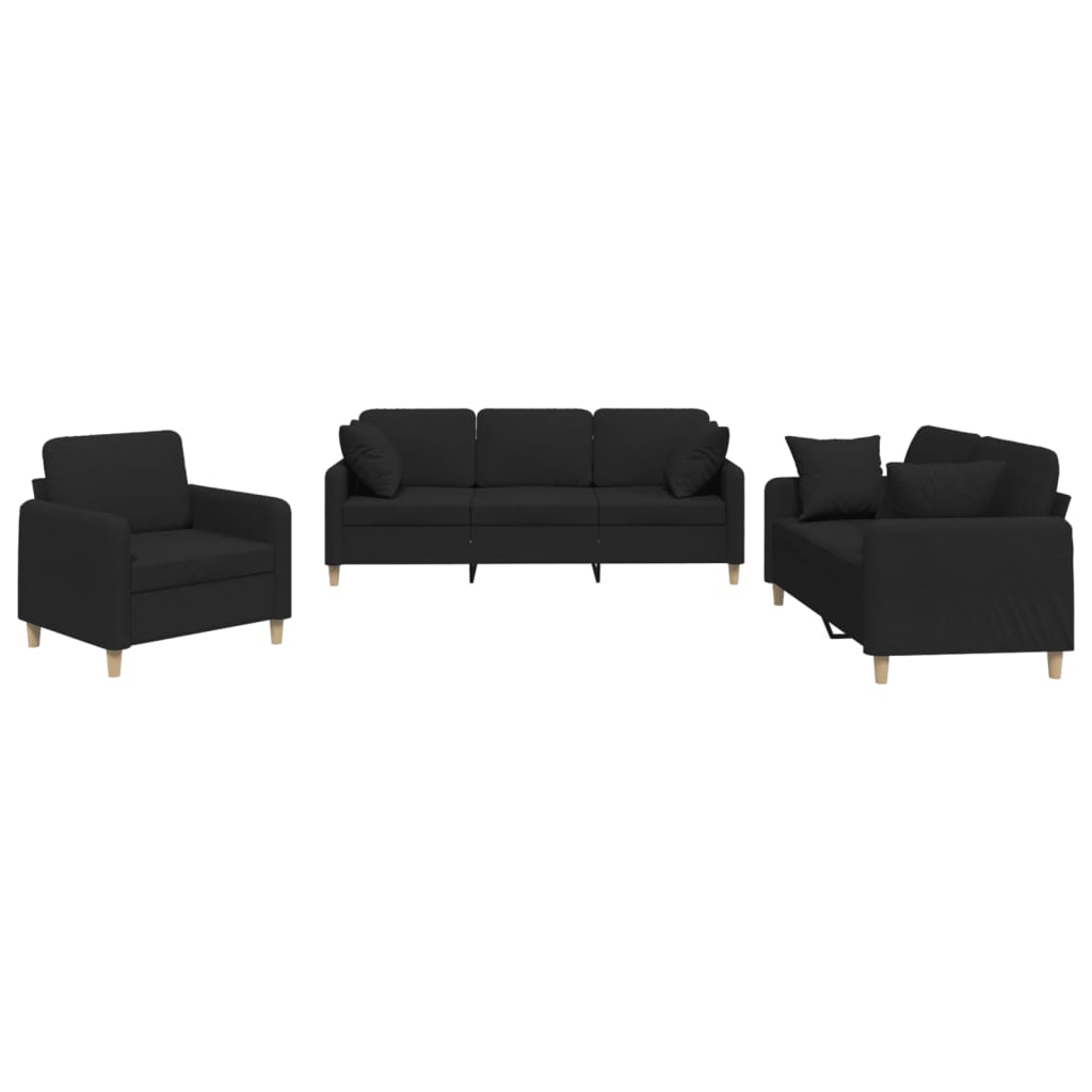 3 Piece Sofa Set with Pillows Black Fabric