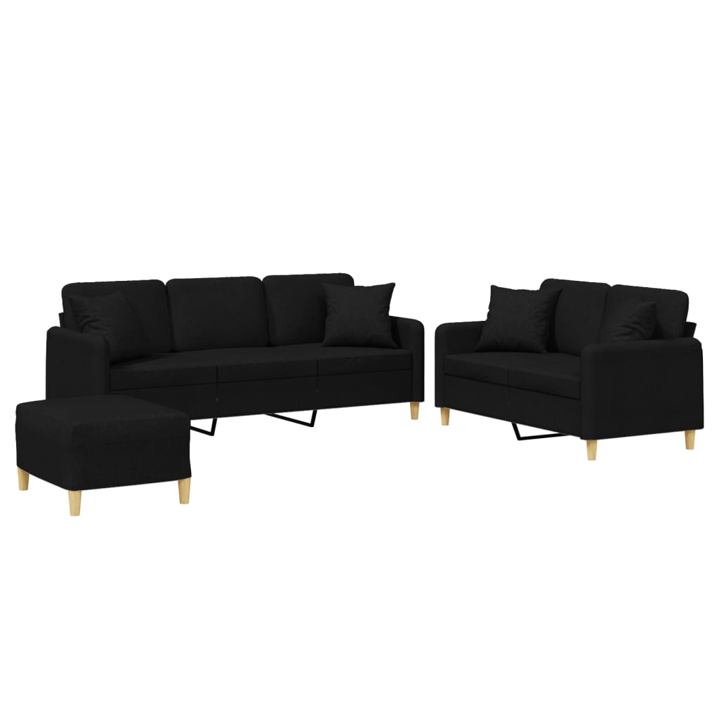 3 Piece Sofa Set with Pillows Black Fabric