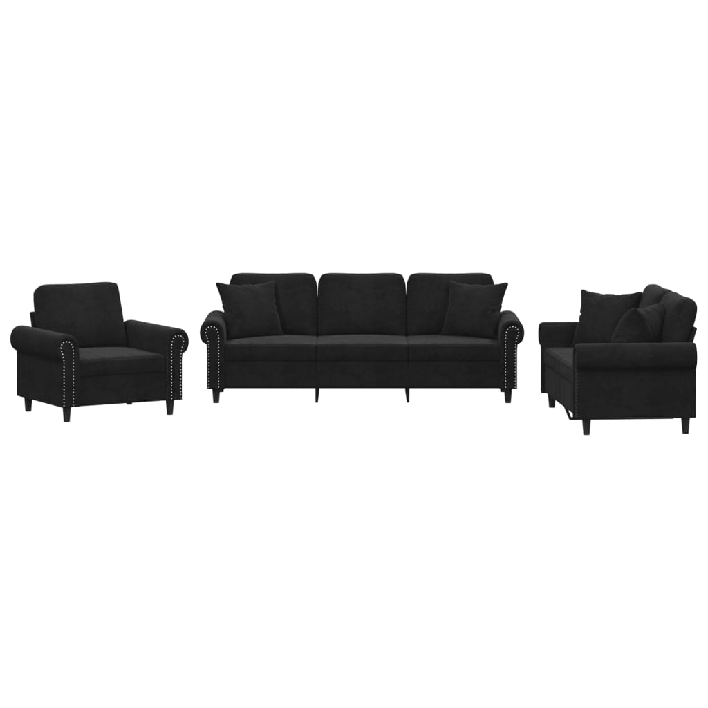 3 Piece Sofa Set with Pillows Black Velvet