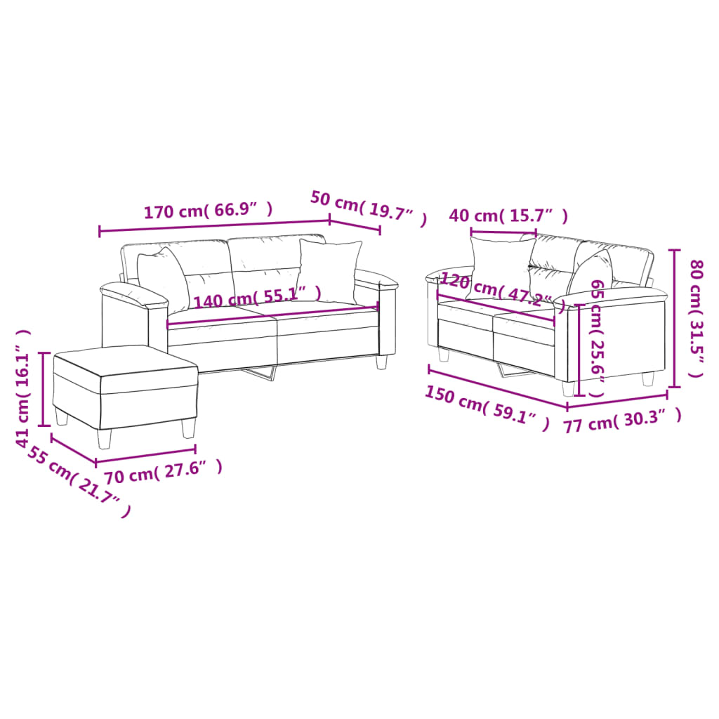 3 Piece Sofa Set with Pillows Dark Grey Microfibre Fabric