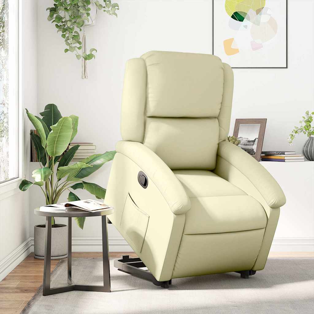 Stand up Recliner Chair Cream Real Leather