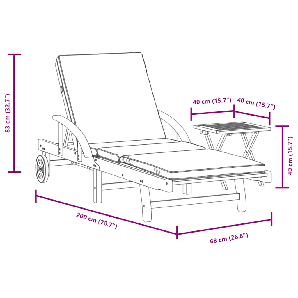 Sun Lounger with Cushion and Table Solid Wood Acacia