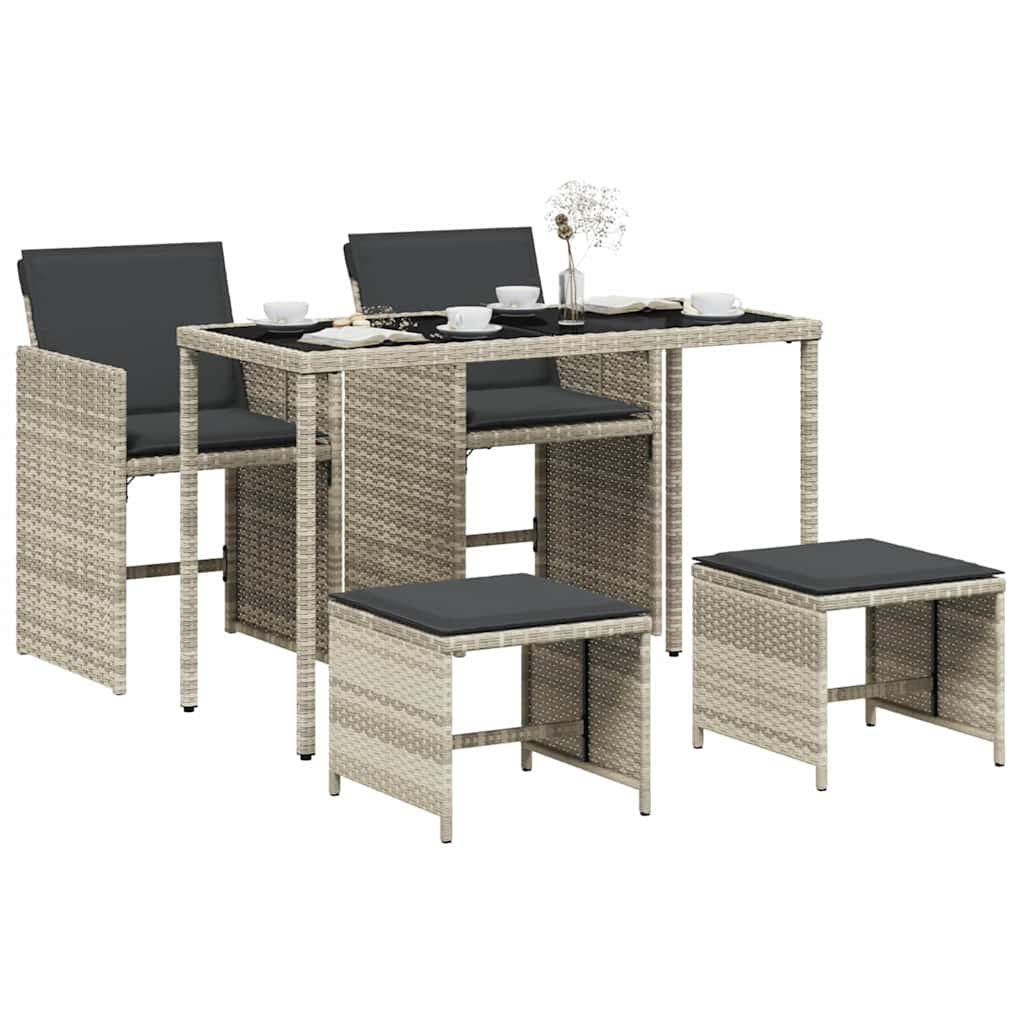 5 Piece Garden Dining Set with Cushions Light Grey Poly Rattan