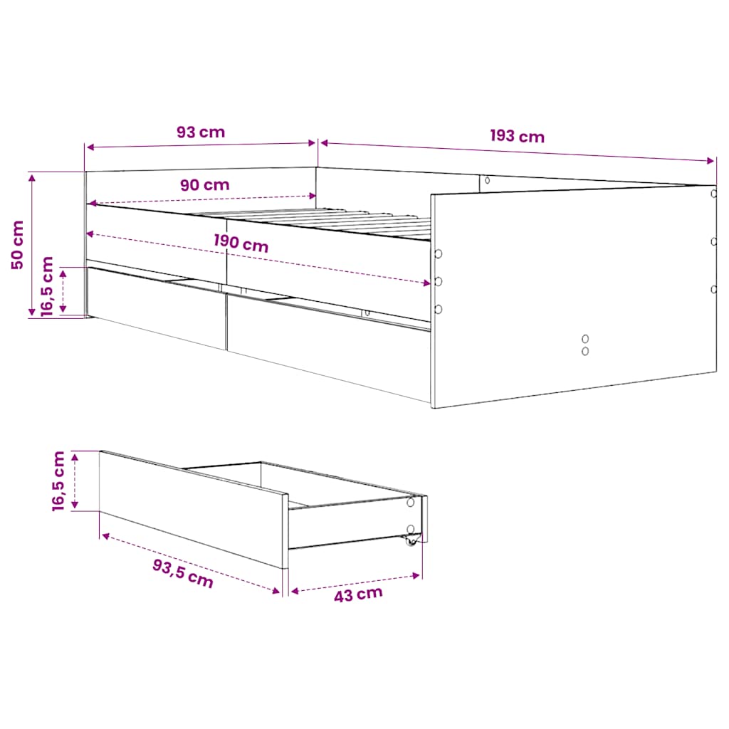 Bed Frame with Drawers without Mattress White 90x190 cm