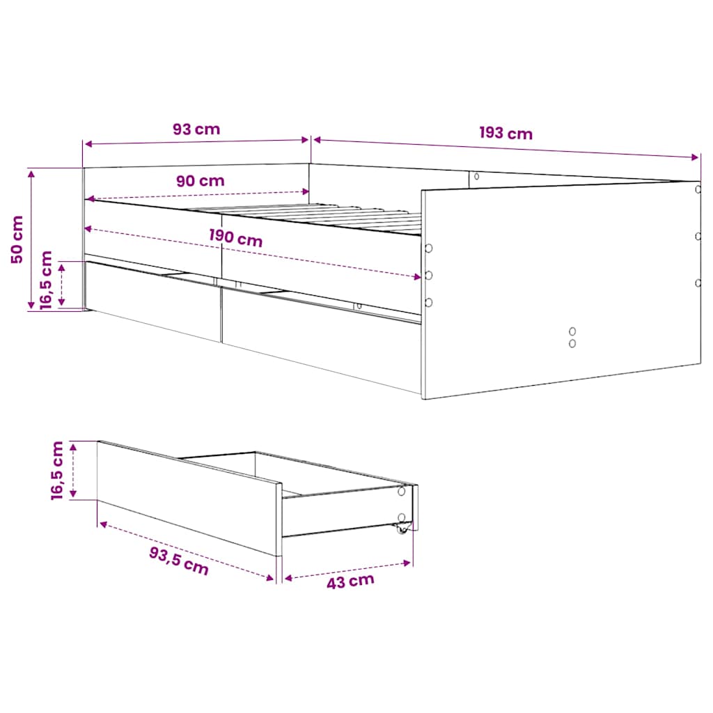 Bed Frame with Drawers without Mattress Black 90x190 cm