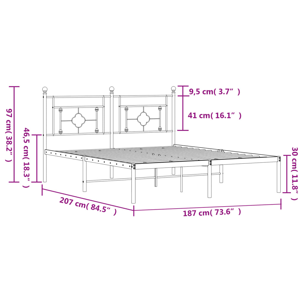 Metal Bed Frame without Mattress with Headboard White 183x203 cm King