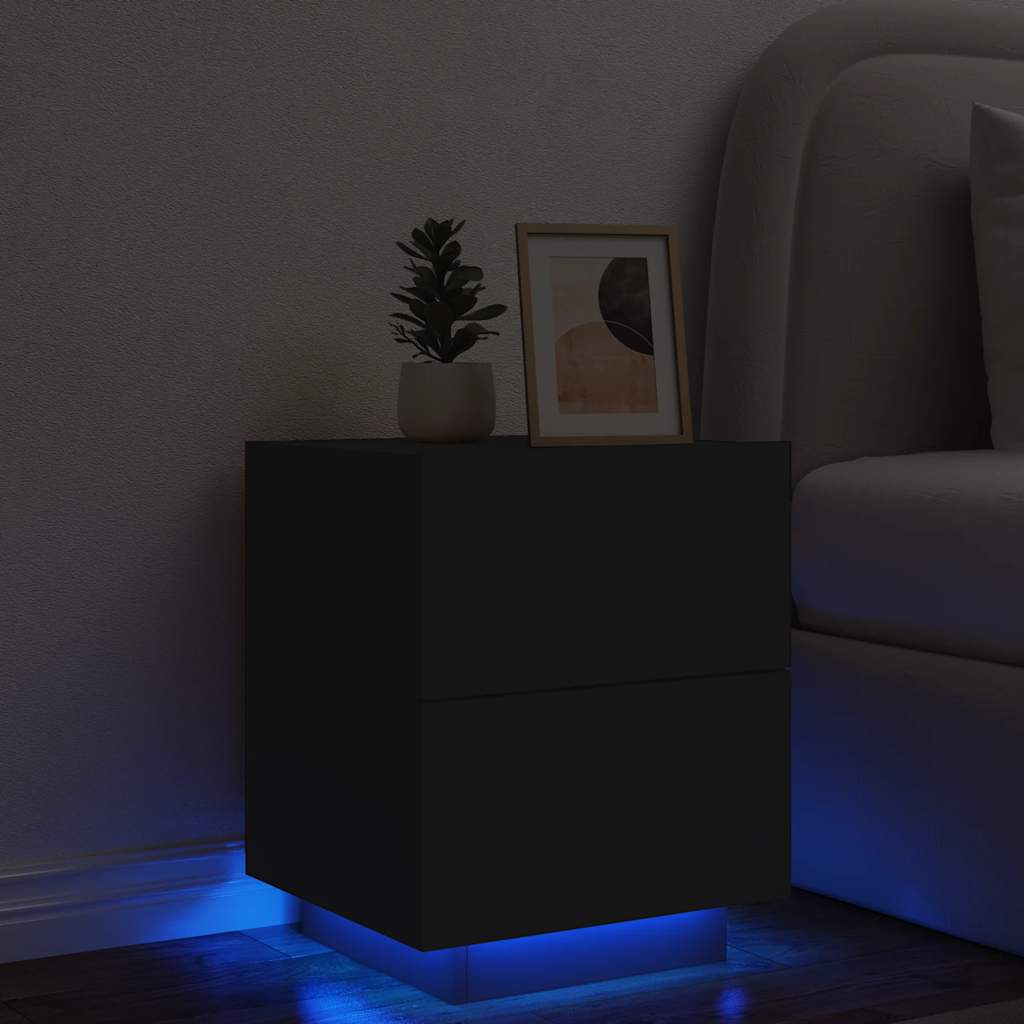 Bedside Cabinet with LED Lights Black Engineered Wood