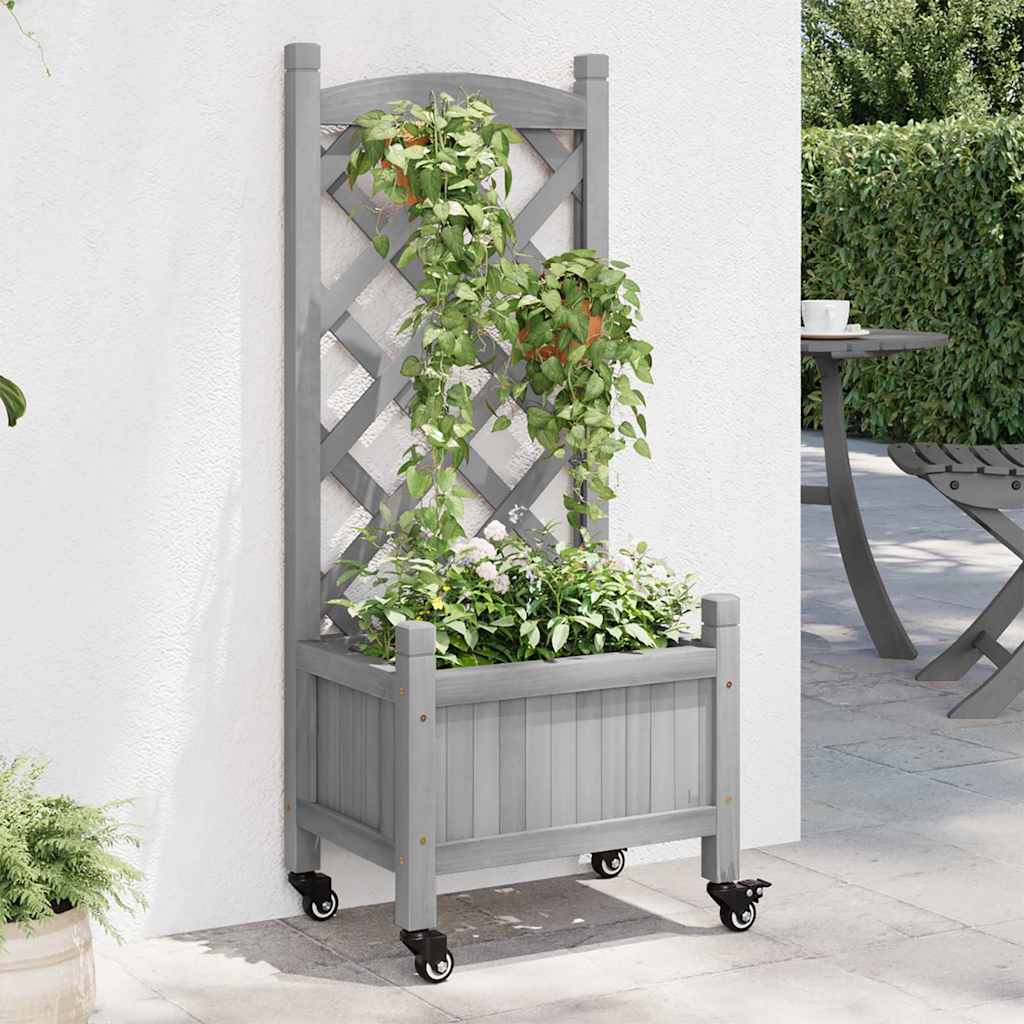 Planter with Trellis and Wheels Grey Solid Wood Fir