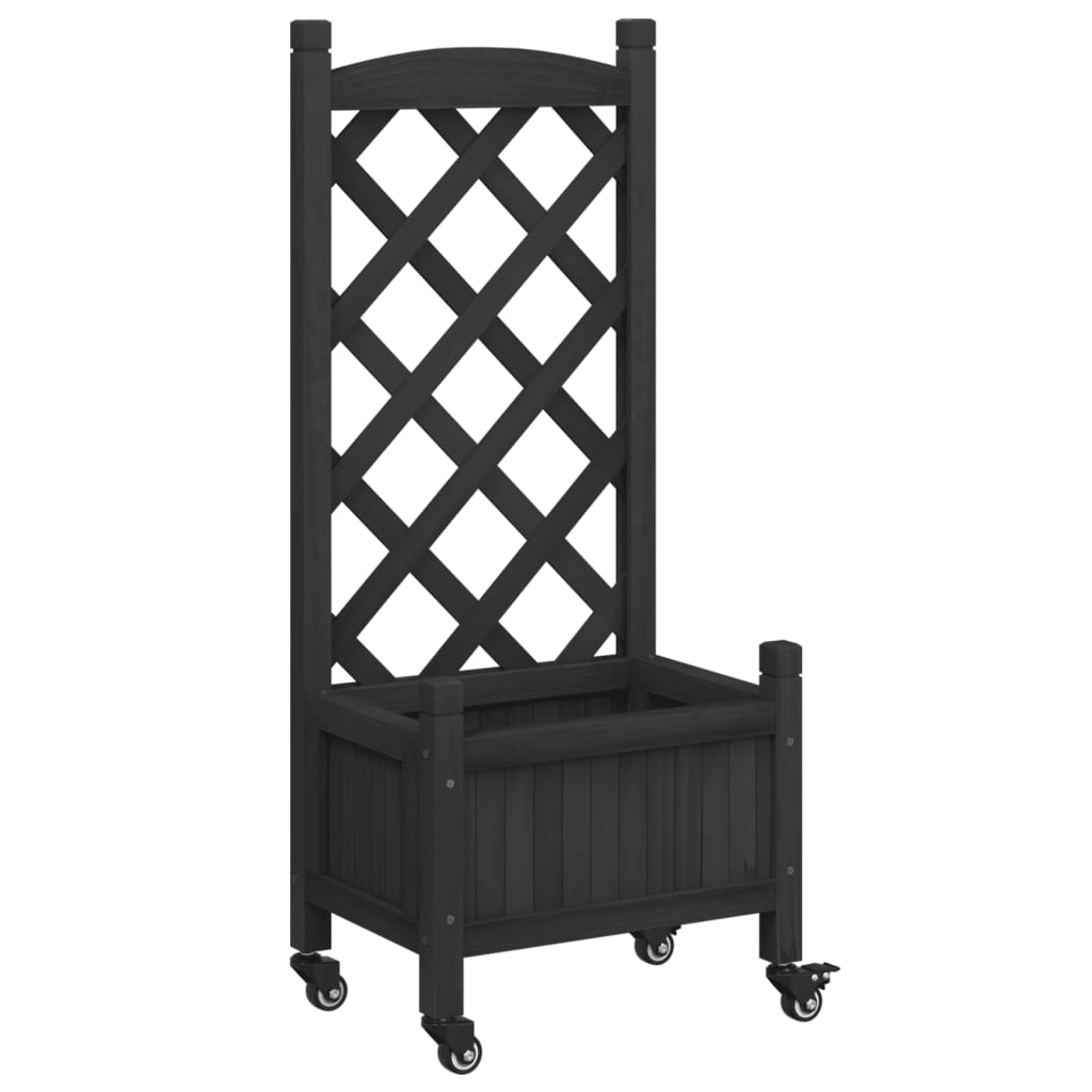 Planter with Trellis and Wheels Black Solid Wood Fir