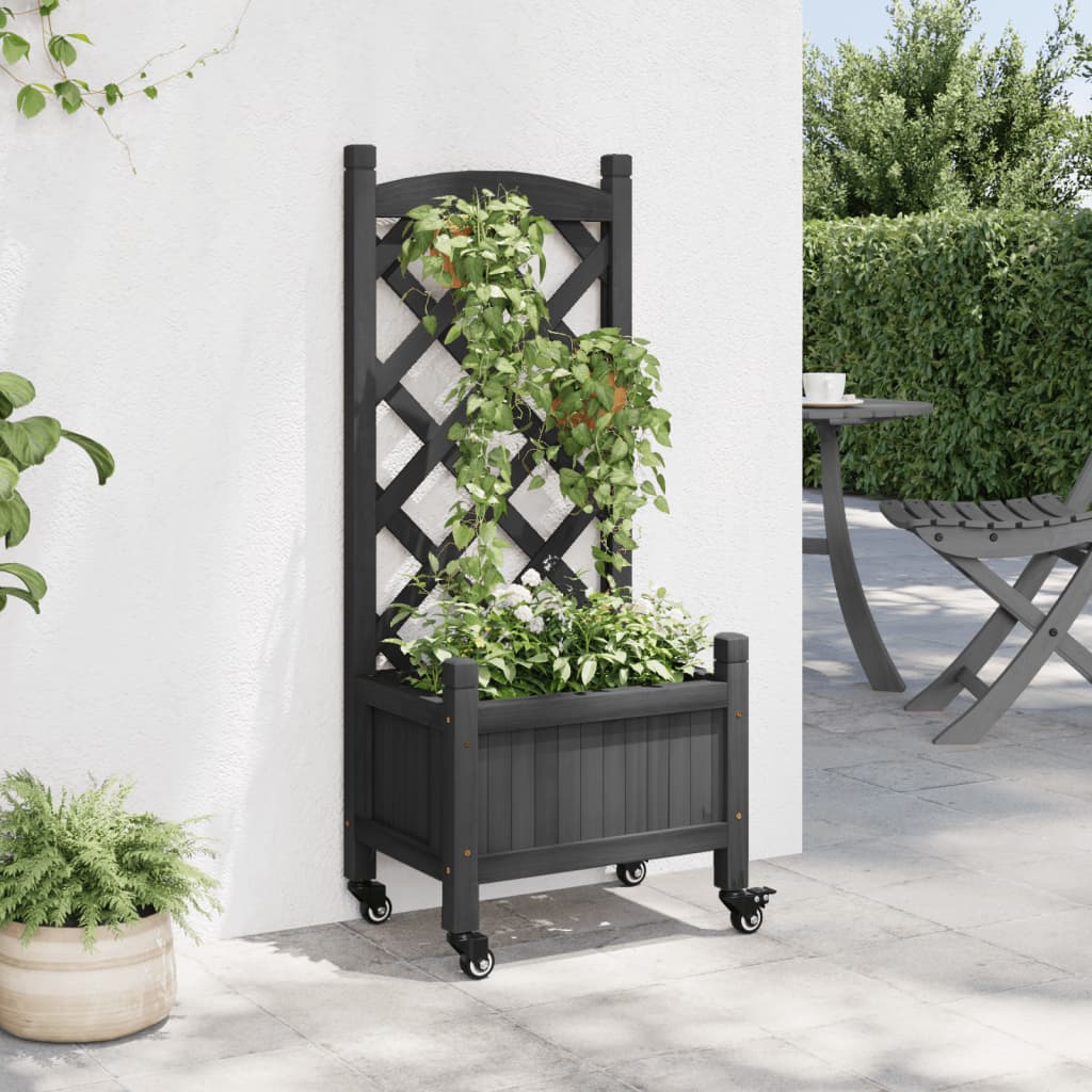 Planter with Trellis and Wheels Black Solid Wood Fir