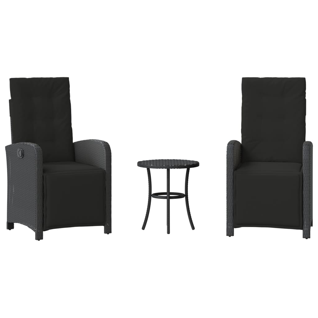 3 Piece Bistro Set with Cushions Black Poly Rattan
