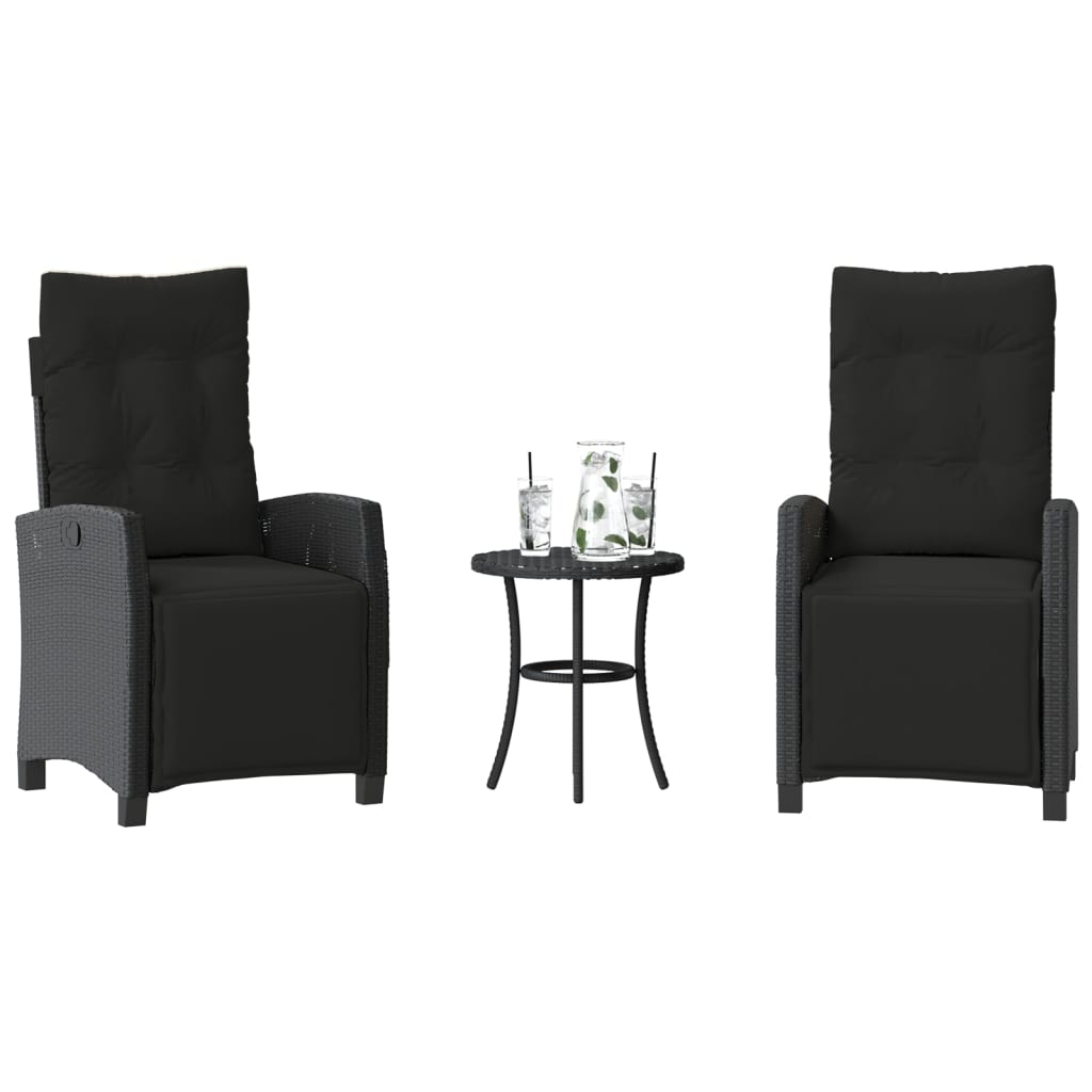 3 Piece Bistro Set with Cushions Black Poly Rattan