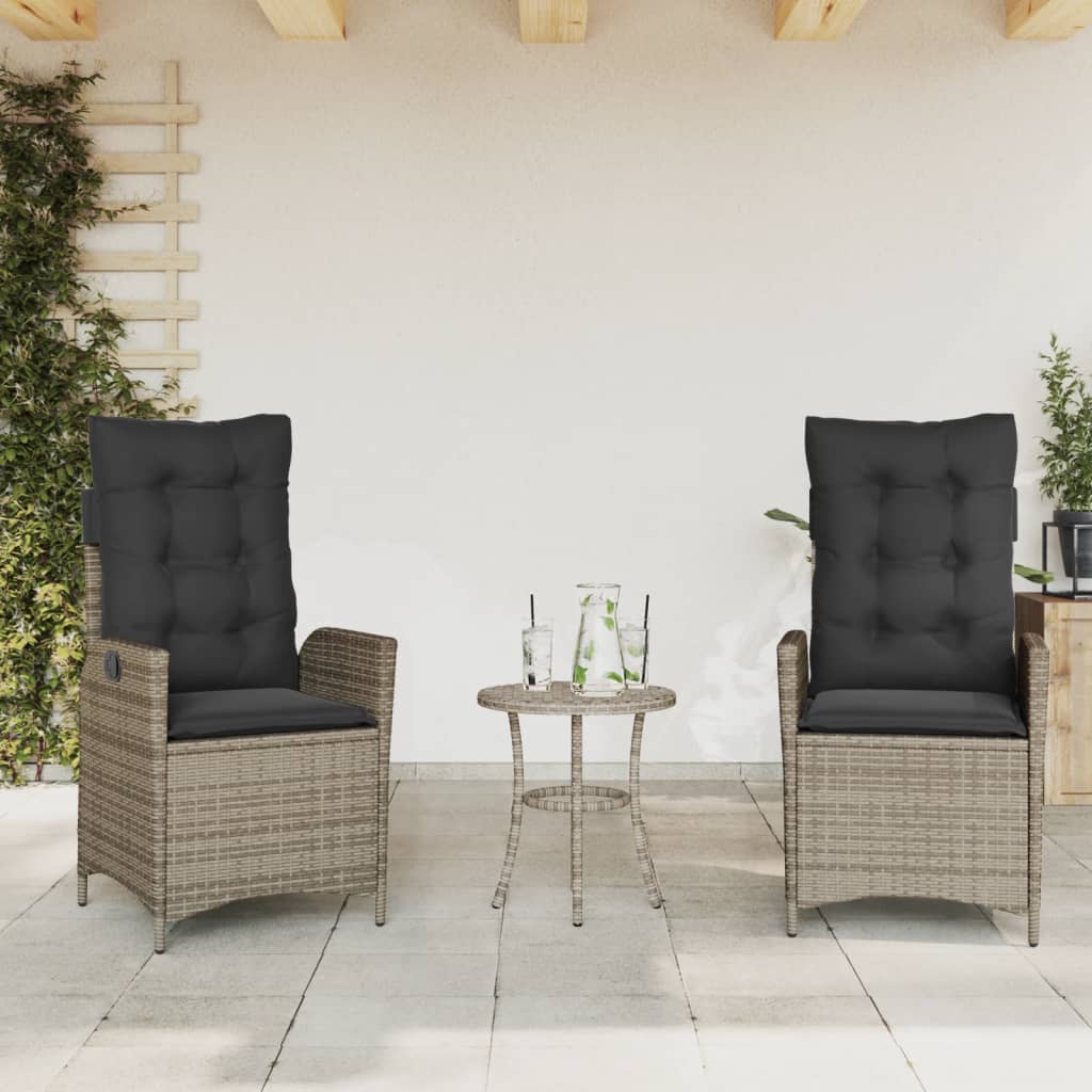 3 Piece Bistro Set with Cushions Grey Poly Rattan