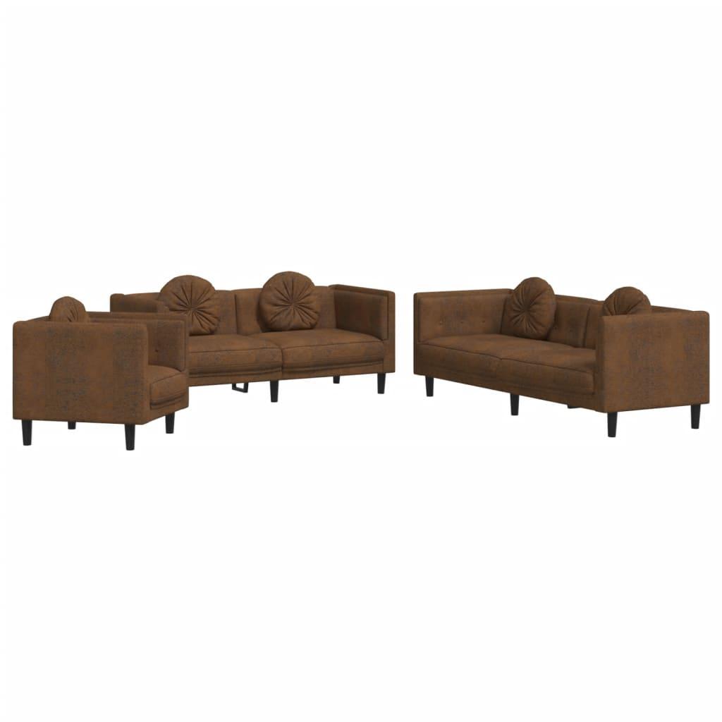3 Piece Sofa Set with Pillows Brown Velvet