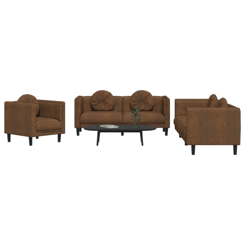 3 Piece Sofa Set with Pillows Brown Velvet