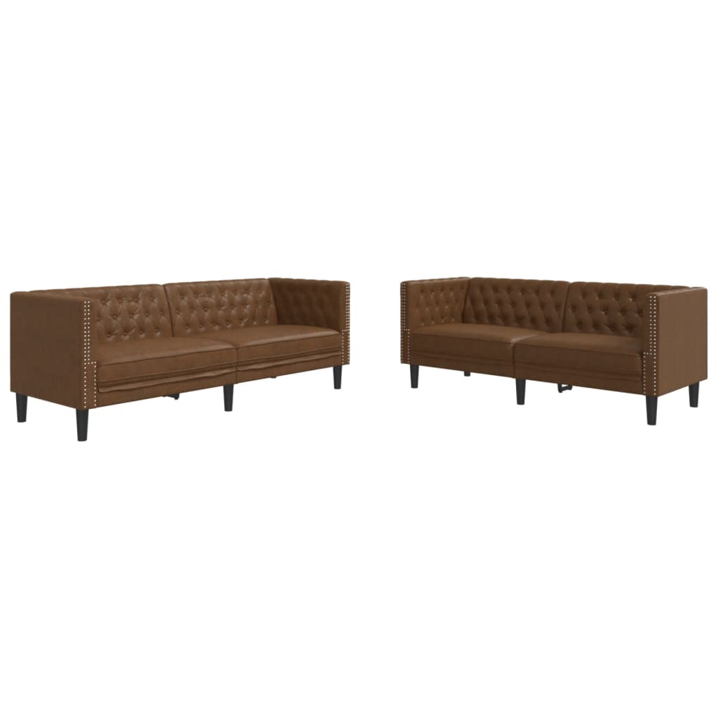 2 Piece Chesterfield Sofa Set Brown Faux Suede Leather