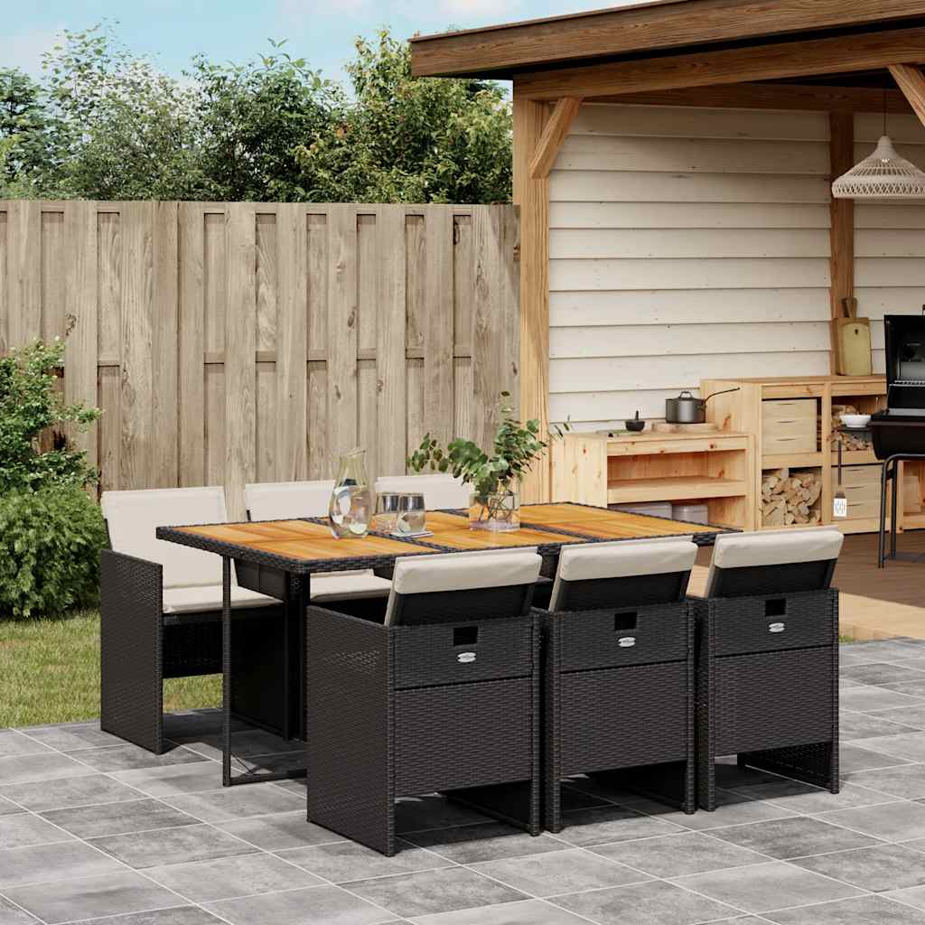 7 Piece Garden Dining Set with Cushions Black Poly Rattan