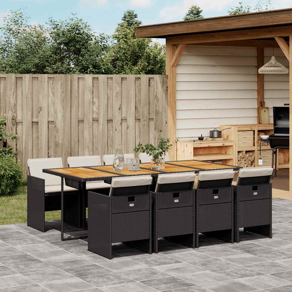 9 Piece Garden Dining Set with Cushions Black Poly Rattan