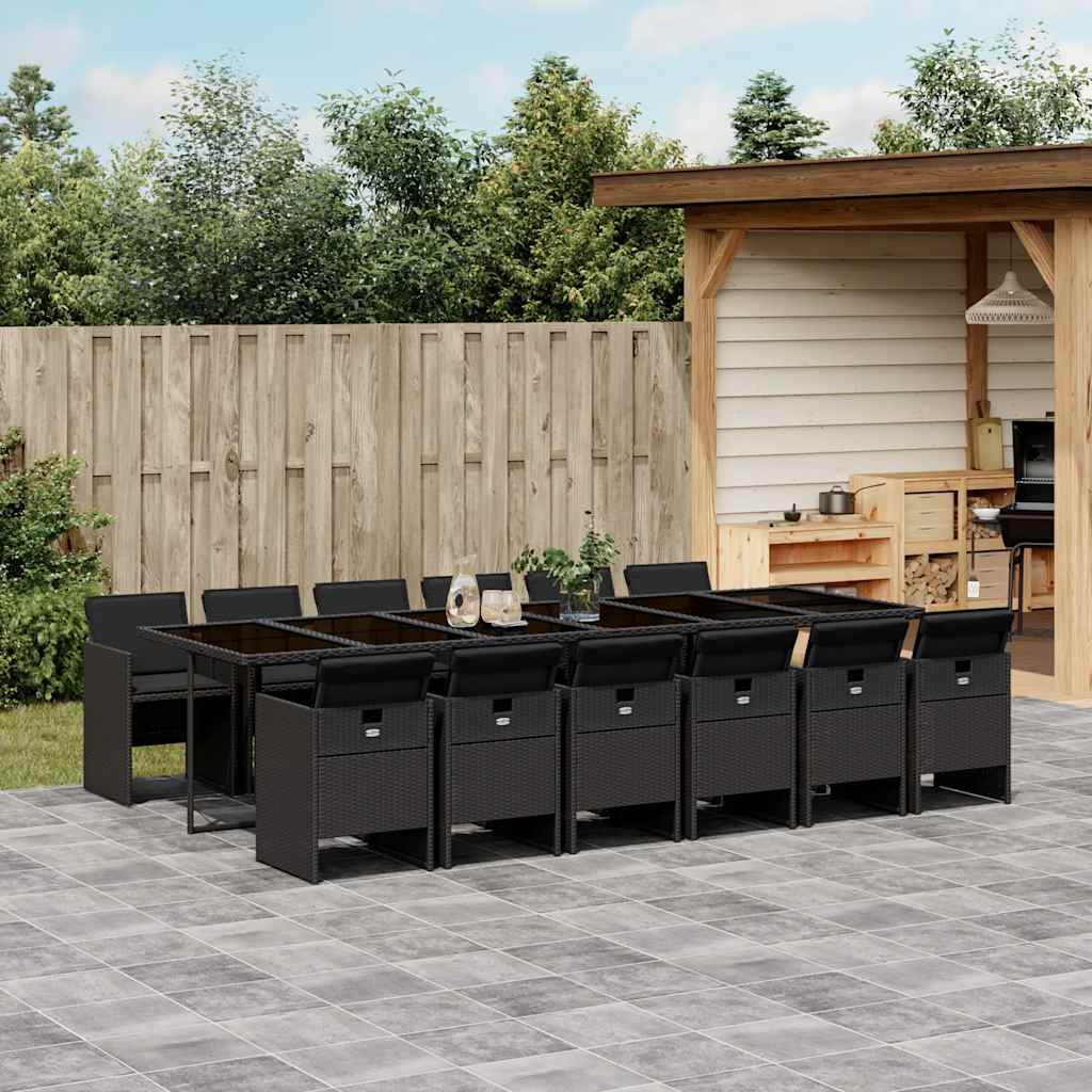 13 Piece Garden Dining Set with Cushions Black Poly Rattan