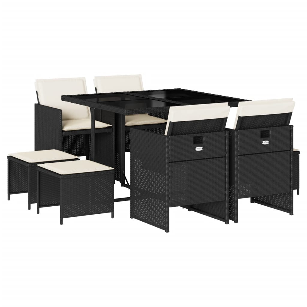 9 Piece Garden Dining Set with Cushions Black Poly Rattan