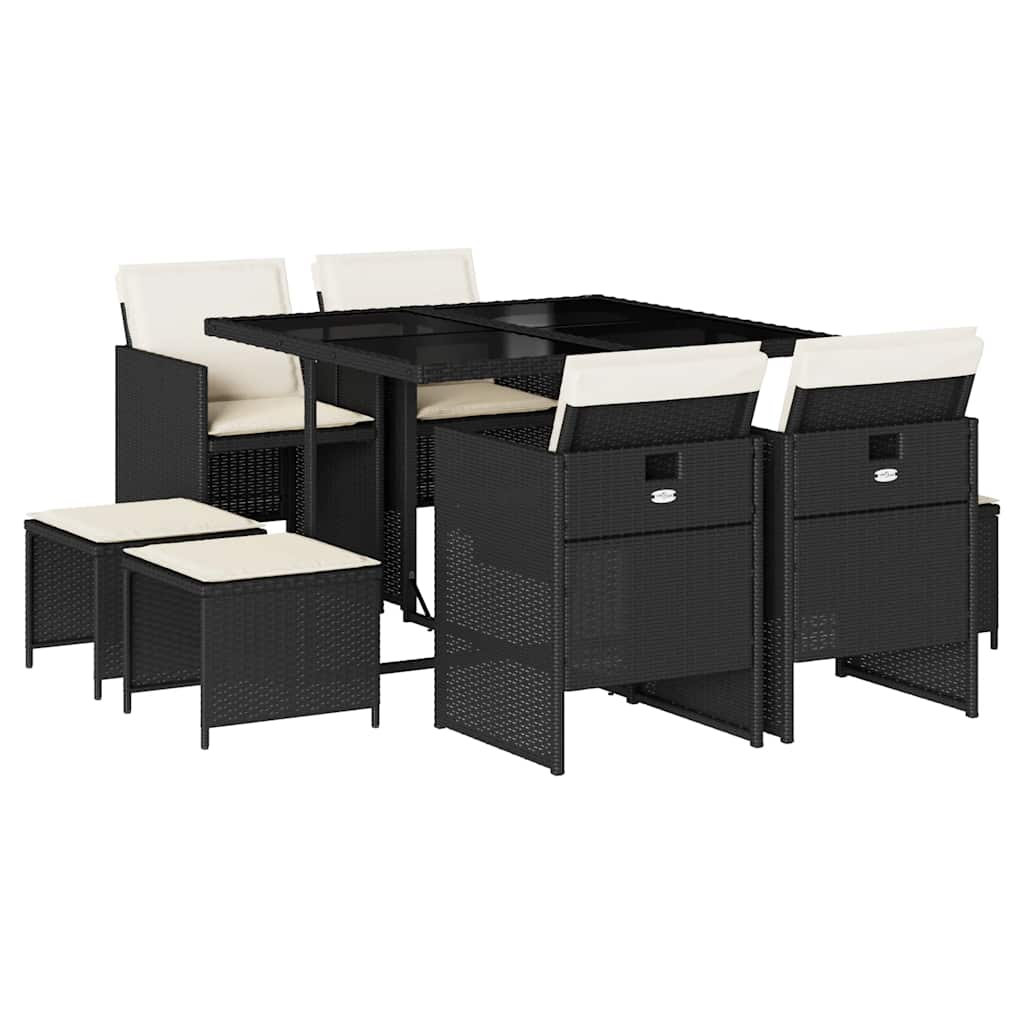 9 Piece Garden Dining Set with Cushions Black Poly Rattan